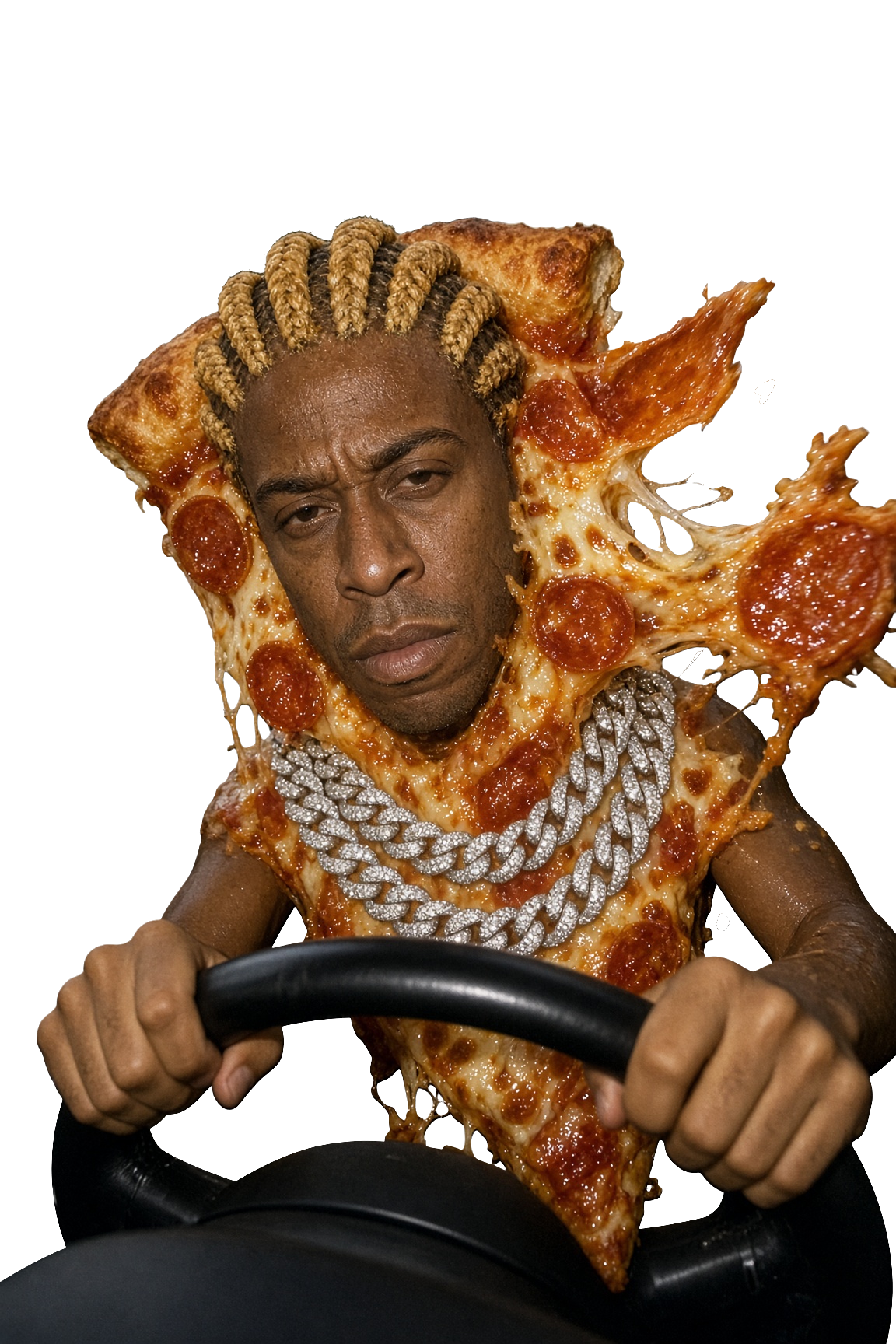 Cutout of the LUDACRUST pizza-driver character with blond braids, layered chains, and a steering wheel.